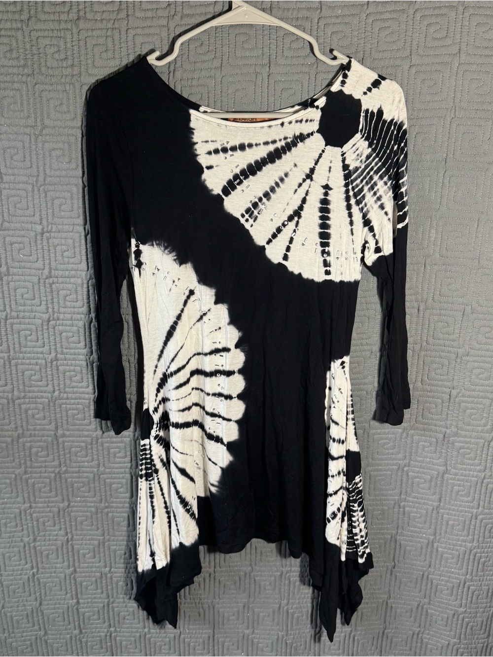 Belldini Blouse Women’s Small Black White Tye Dye 3/4 Sleeve